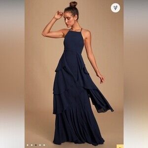 Lulus Womens Navy Blue Long Ruffle Sleeveless Maxi Bridesmaid Prom Dress‎ Small
